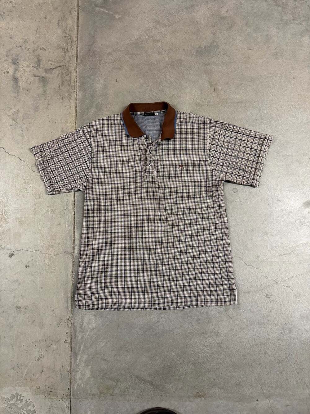 Sahara Vintage Checkered Short Sleeve Polo Shirt Brown Blue Size L